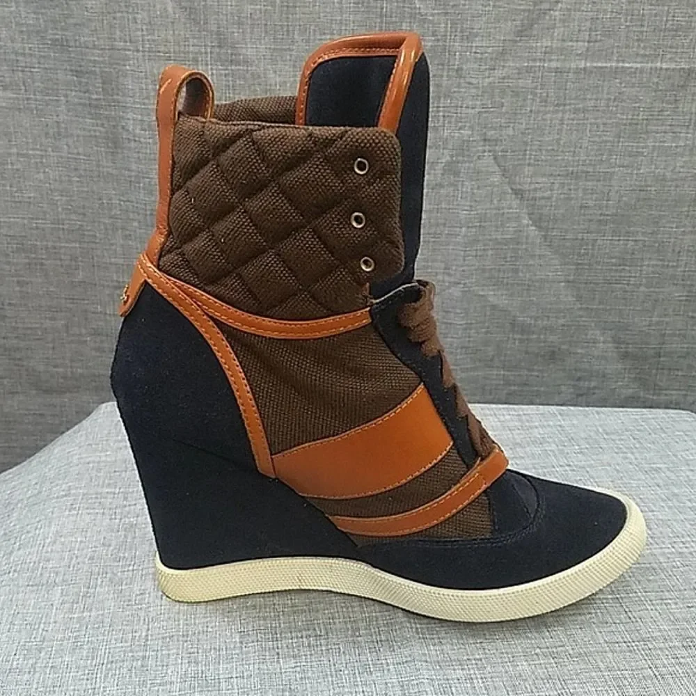 Chloe Kasia wedge sneaker - blue suede / tan leather brown quilted women's sz 38
